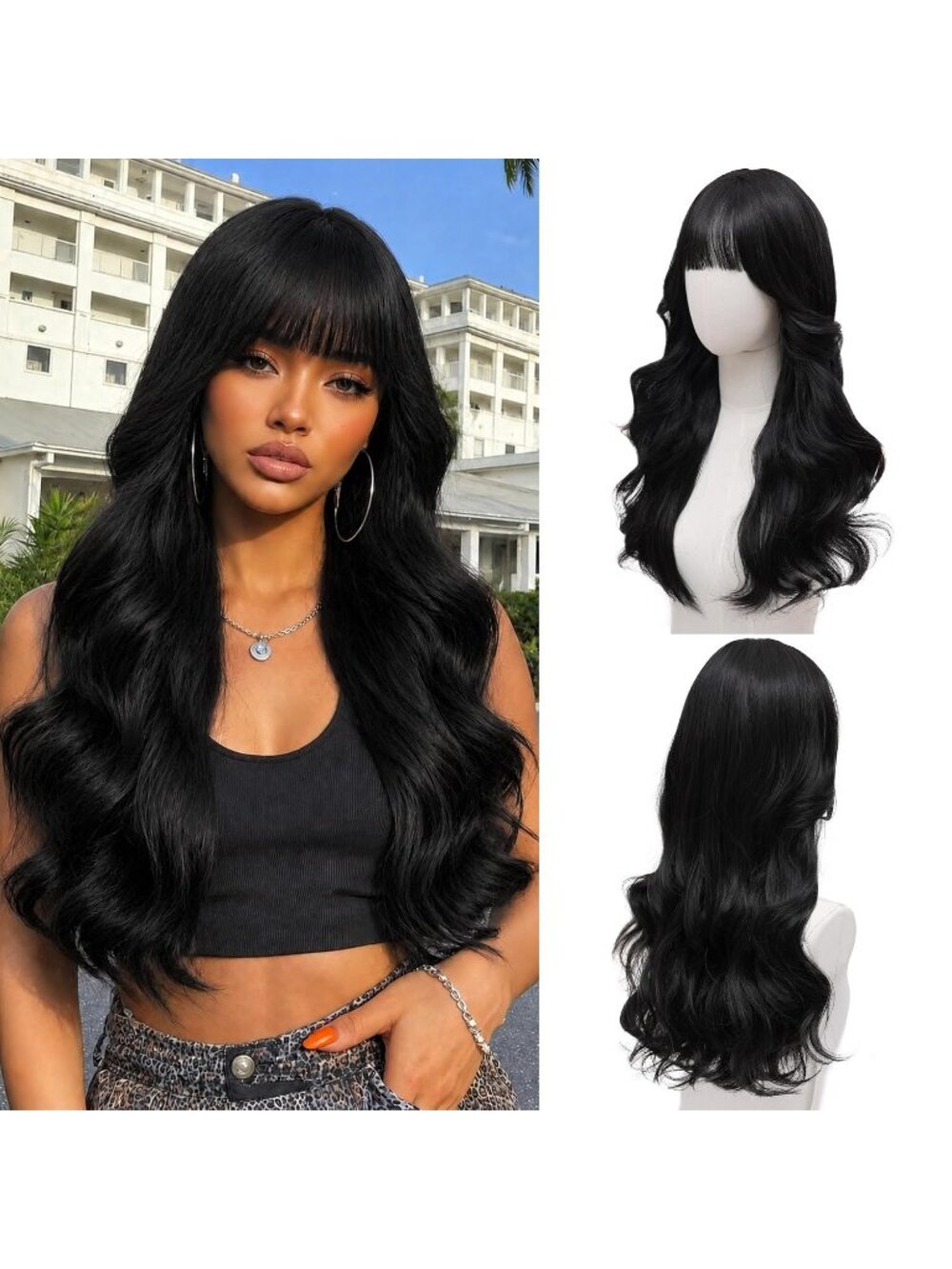 Women's Natural Black 24 Inch Long Wavy Heat Resistant Synthetic Hair Wig Bangs